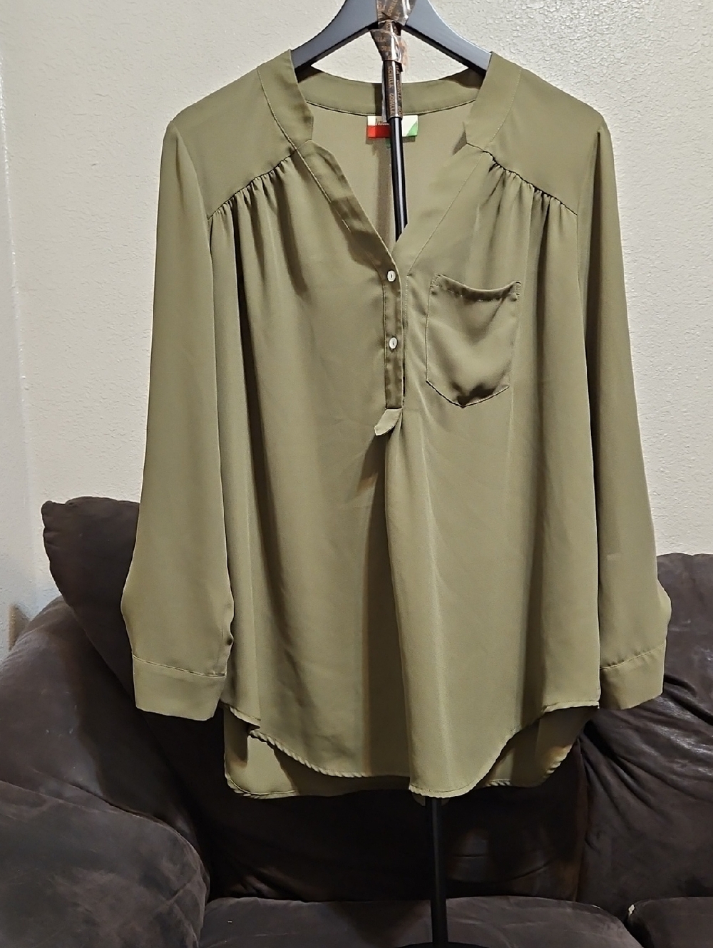 Relaxed Olive Green V-Neck Button Henley Blouse